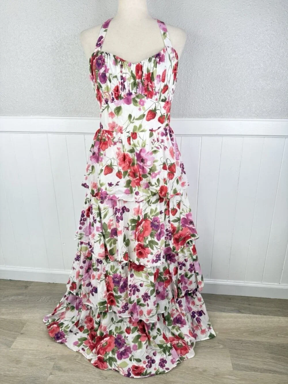 Abercrombie & Fitch Strawberry Floral Maxi Dress Large Tall Tie Back Romantic